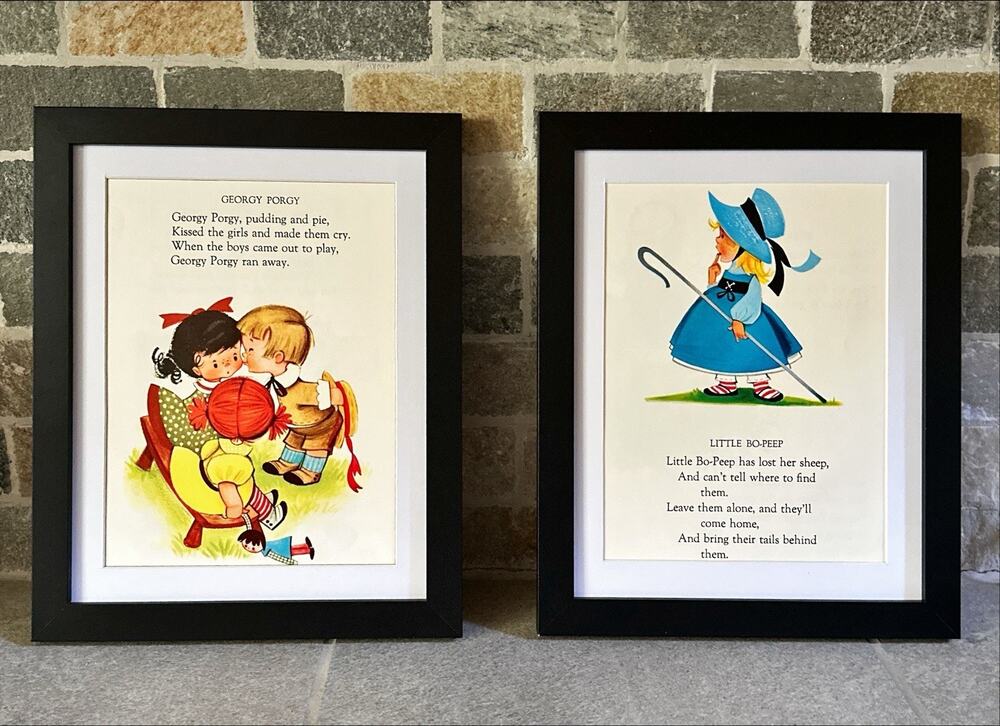 Vintage Framed 8x10 Pair Nursery Rhymes 1960s